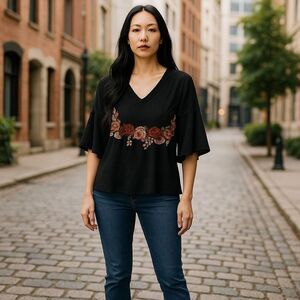 She and Sky Black Blouse with Rose Embroidery